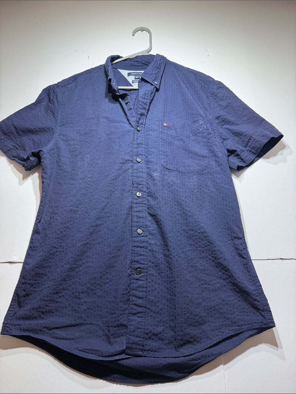 Tommy Hilfiger Men's Navy Short Sleeve Button-Down Shirt with Chest Pocket